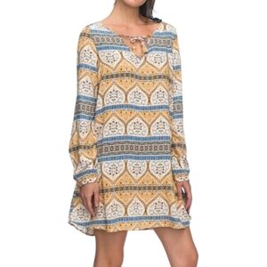 Roxy Yellow Blue Designed Shift Dress With V-neck & Tassles